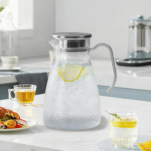 1.5 Liter Glass Pitcher with Steel Lid, Easy Clean Heat Resistant Hammered-patterned Glass Water Carafe with Handle for Hot/Cold Beverages - Water, Cold Brew, Iced Tea & Juice (Clear)