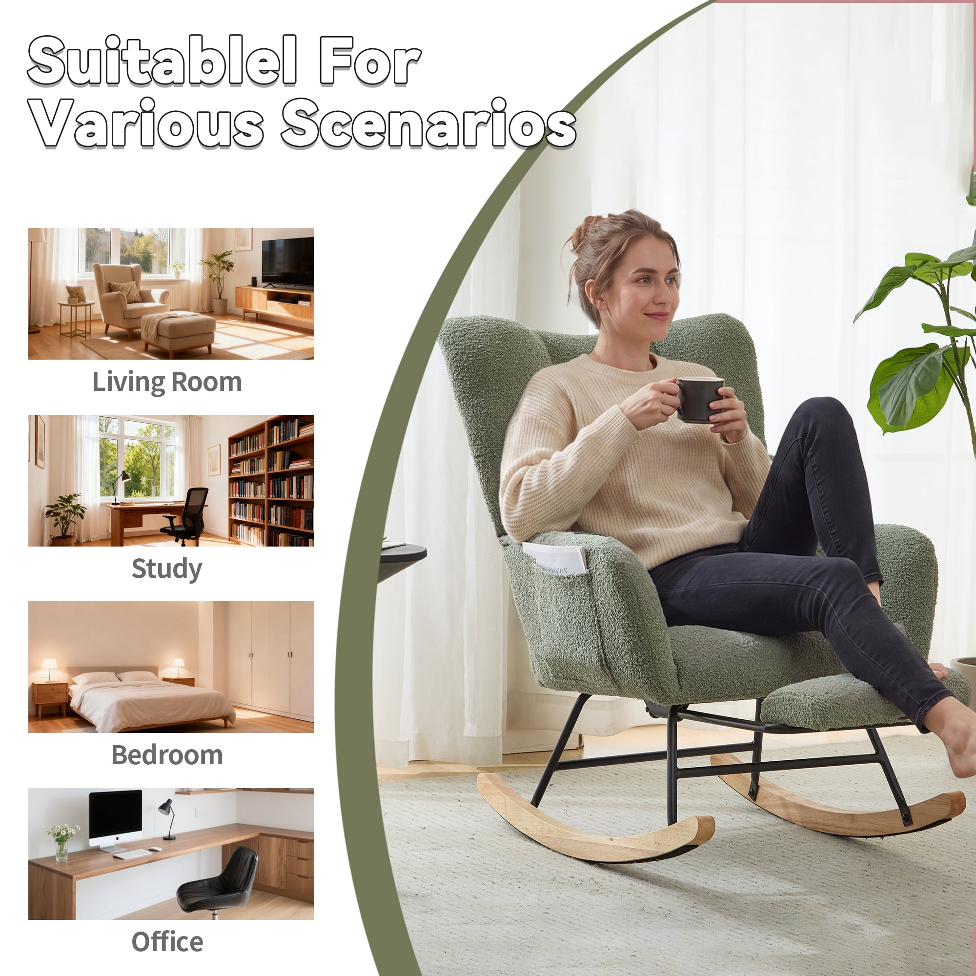 Leumius Nursery Rocking Chair with Footrest,Teddy Fabric Upholstered Glider Rocker Chair with High Backrest,Side Storage Pocket & Solid Wood Legs,Comfy Accent Chair for Living Room Bedroom,Green