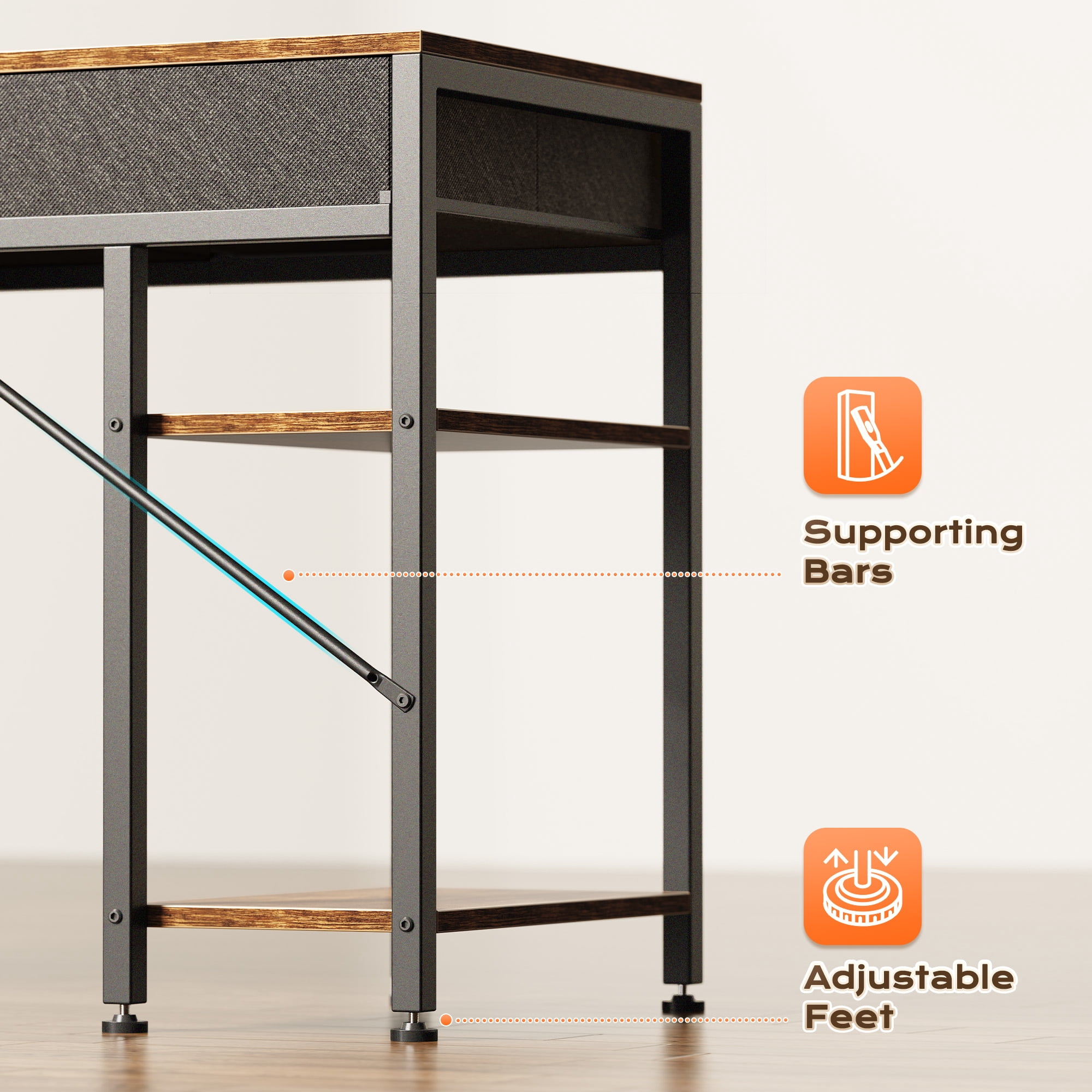 Amadwell 54" Desk with Drawers & Storage, Office Desk with Reversible Shelves, Gaming Computer Desk, Brown