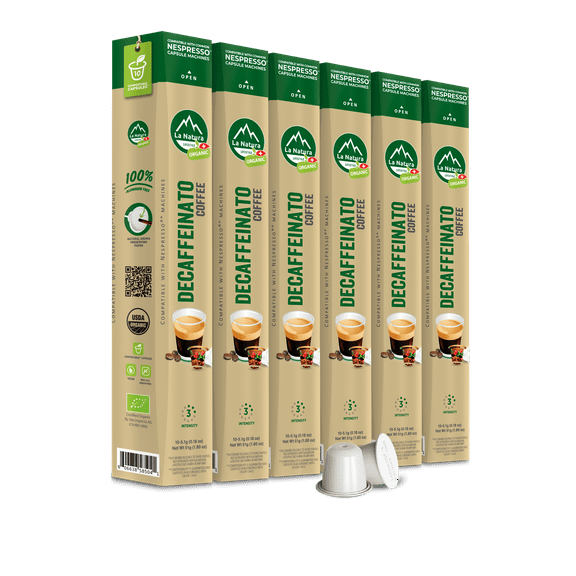 La Natura Certified Decaffeinato Coffee Pods - Medium Roast Decaffeinated Arabica Coffee Capsules for Nespresso Original Line Machines - Compostable Capsules, Aluminum-Free (60 Count)