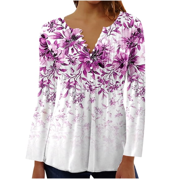 IROINNID Deals Tunic Tops for Women Womens Oversized Shirt Comfy Summer Sexy Fold Printed Regular Long Sleeves Round Neck Button Top,Purple