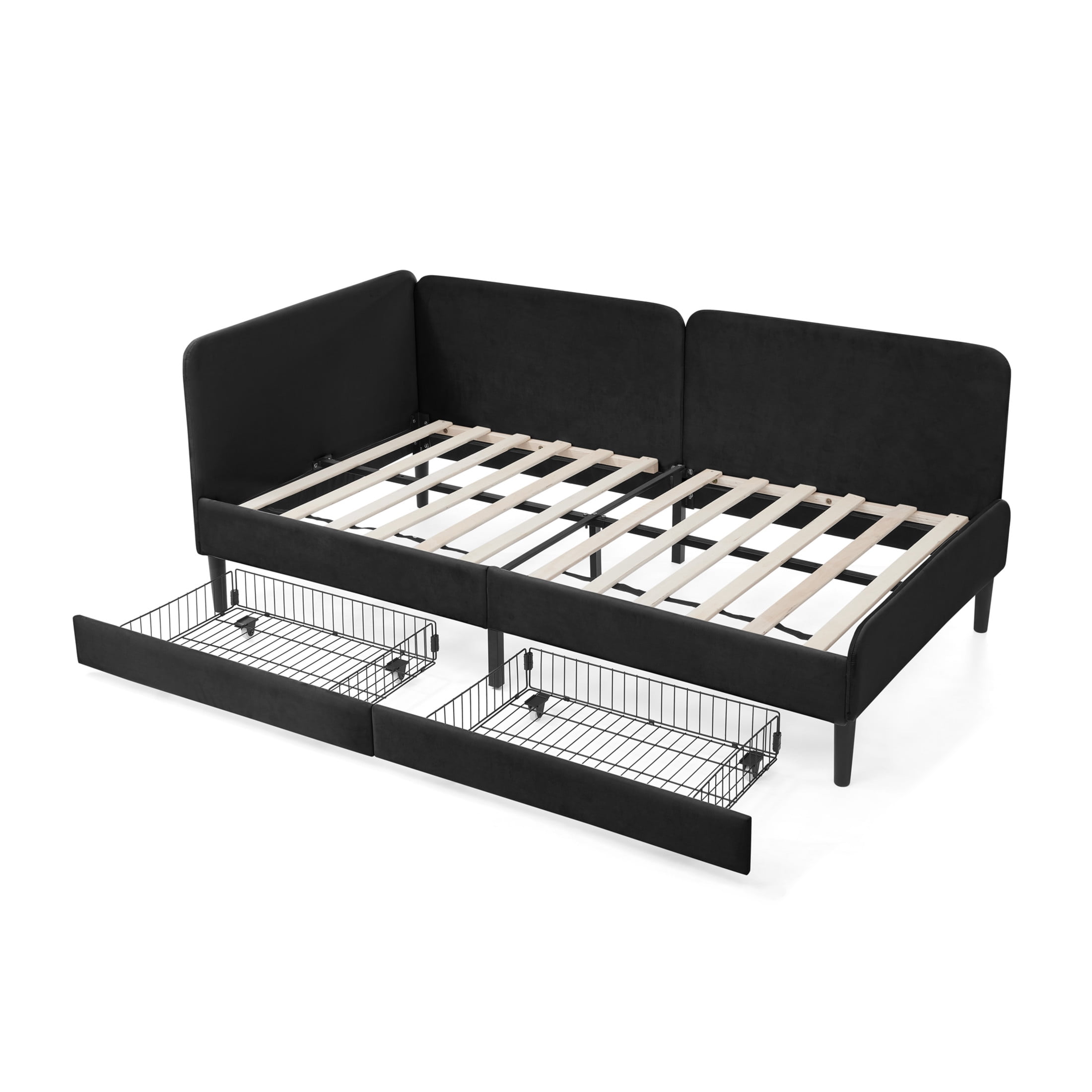 Noble House Haylie Twin Size Velvet Upholstered Daybed with Storage Drawers, Adjustable Daybed Sleeper Sofa, Black