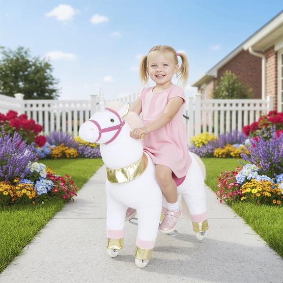 Qaba Ride on Unicorn Toy for Kids 3-5 Years, 29.5 Inch Plush Baby Rocking Horse, Mechanical Walking Animal with Wheels, No Batteries Required, White