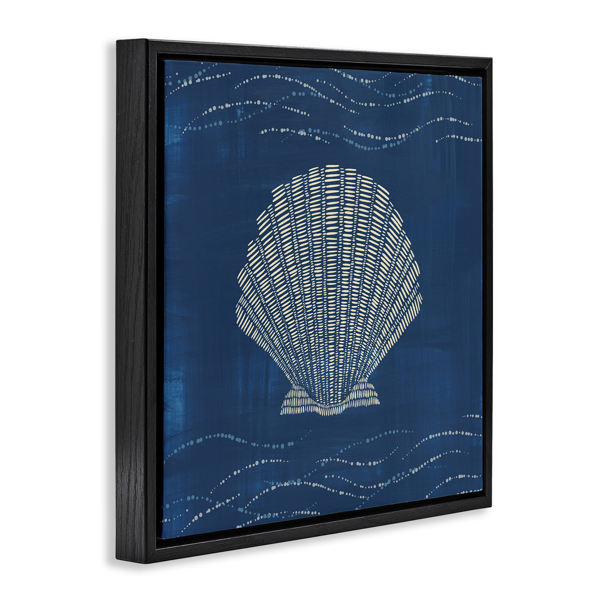 Stupell Industries Clam Shell on Blue Coastal Painting Black Floater Framed Canvas Art Print Wall Art, 18 x 18