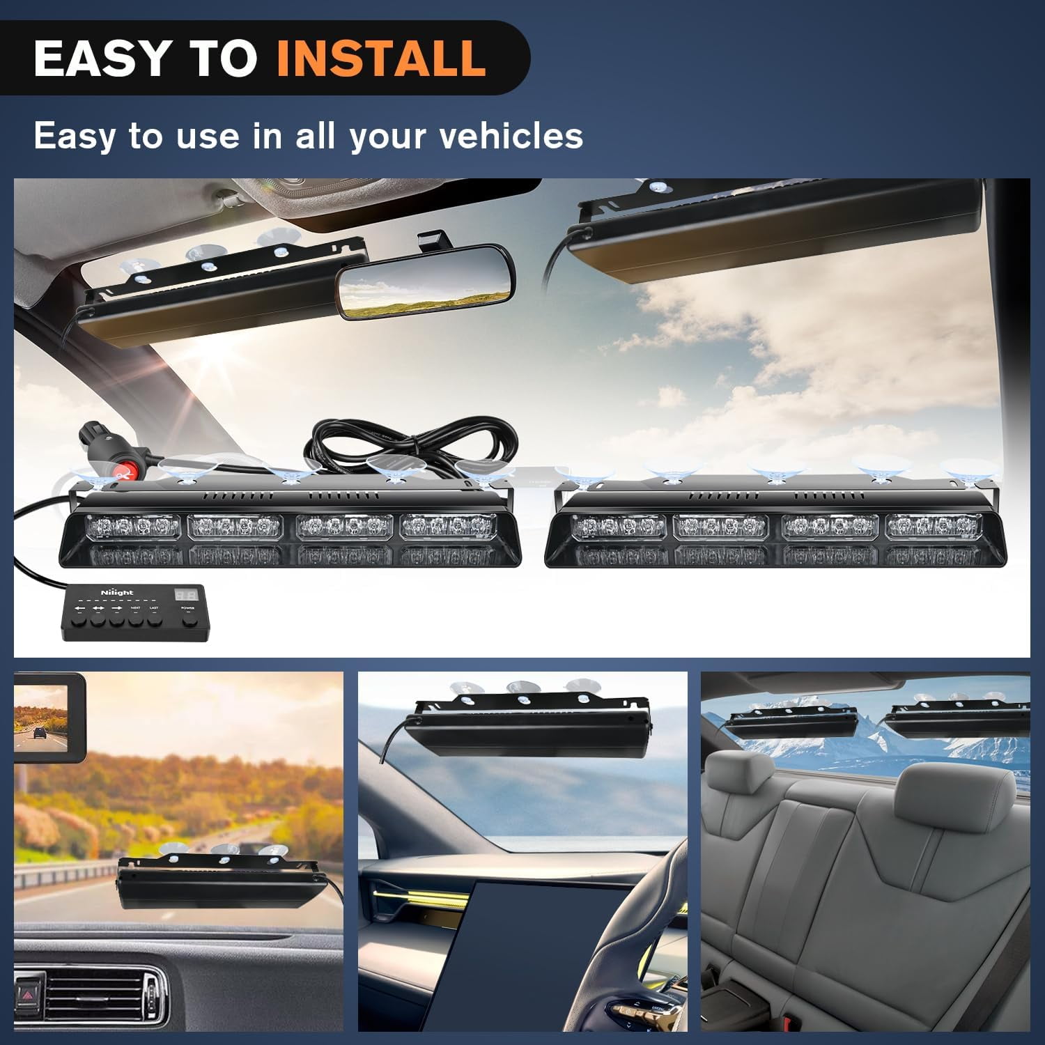Nilight 32Led Red Blue Emergency Dash Strobe Lights  Warning Hazard Interior Front/Rear Windshield Deck Split Light Bar
