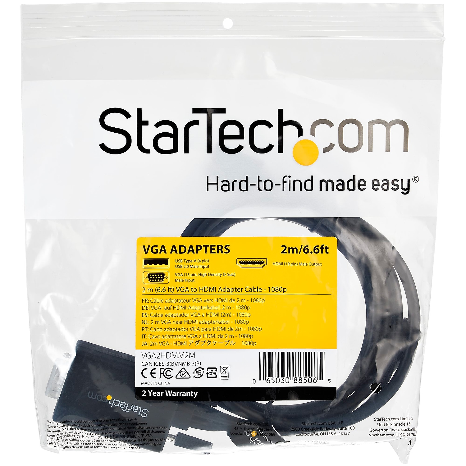 StarTech.com VGA2HDMM2M 2m (6.6 ft.) VGA to HDMI Adapter Cable with USB Audio - 1920 x 1080 Active VGA HDMI Converter - Male to Male (VGA2HDMM2M)