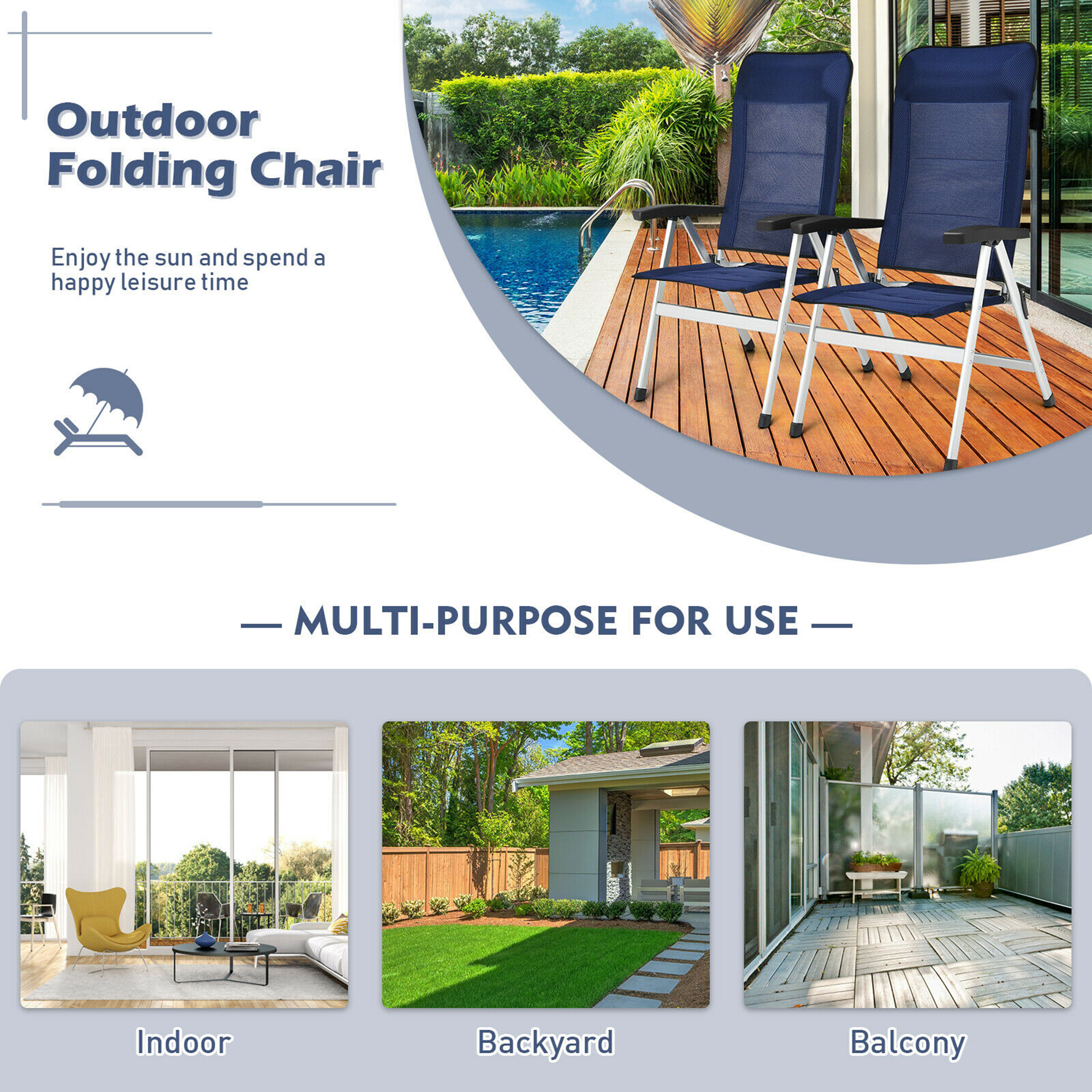 Costway 2PCS Patio Dining Chair Aluminum Camping Adjust Portable Headrest Navy - image 5 of 10