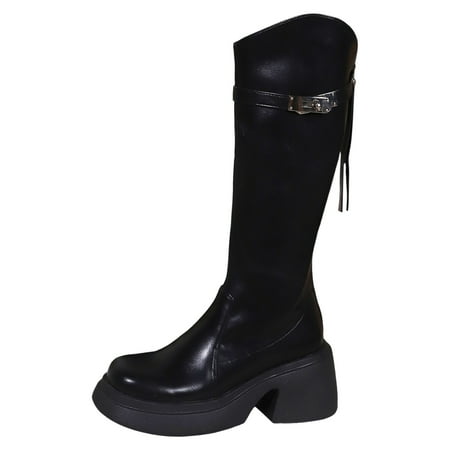 

VMESZQFG Womens Booties Shoes Mid Calf Leather Boots for Women with Heel Ladies Fashion Solid Leather Belt Decoration Back Zipper Thick Heel Wide Calf Boots for Women Black