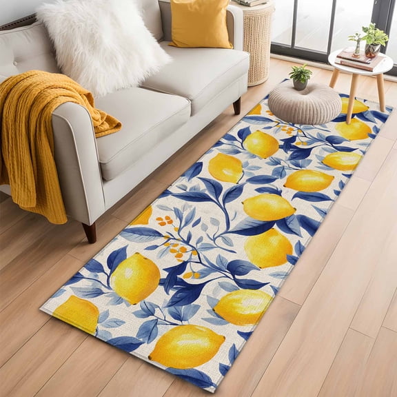 Yellow Lemon Runner Rug 2x6 FT,Non Slip Hallway Rugs,Blue Leaf Vintage Botanical Summer Spring Washable Soft Floor Carpet Throw Runner Carpet Long Rugs for Entryway Kitchen Bedside Sliding Door