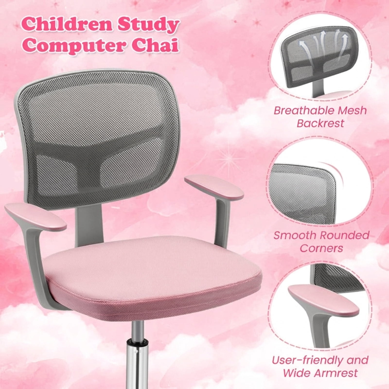 Furnibear Kids Chair Adjustable Desk Chair with Auto Brake Casters for Kids, Pink