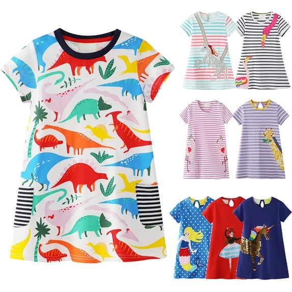Kids Baby Girls Short Sleeve Dress Dinosaur Print Pocket Dress A-line Party Dresses Clothing 2-7T