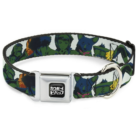 Crunchyroll Pet Collar, Dog Collar Metal Seatbelt Buckle, Cowboy Bebop Crew Group Pose and Logo White Black Greens, 9.5 to 13 Inches 1.0 Inch Wide