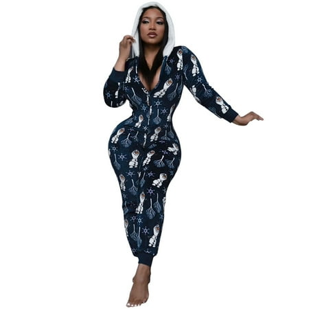 

CUE AIR Women s Casual One Piece Pajamas Hooded Jumpsuit Romper Christmas Holiday Winter Sleepwear Nightwear Long Sleeve V Neck Zipper Bodysuit