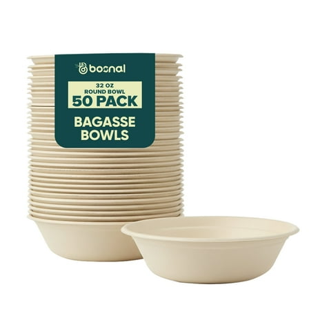 BOSNAL 32 Oz Round Bagasse Bowls (50 Pack) – Compostable, Biodegradable & Eco-Friendly Disposable Bowls for Hot and Cold Foods, Catering & Events