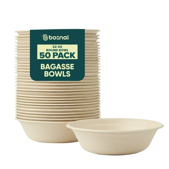 BOSNAL 32 Oz Round Bagasse Bowls (50 Pack) – Compostable, Biodegradable & Eco-Friendly Disposable Bowls for Hot and Cold Foods, Catering & Events