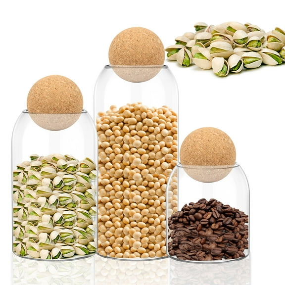 3 Pack Glass Storage Jar with Ball Cork Lid 17oz/28oz/40oz Clear Food Storage Jar Kitchen Food Containers Airtight Glass Canisters with Wooden Lids for Spice Cookie Sugar Salt Tea Nuts Rice