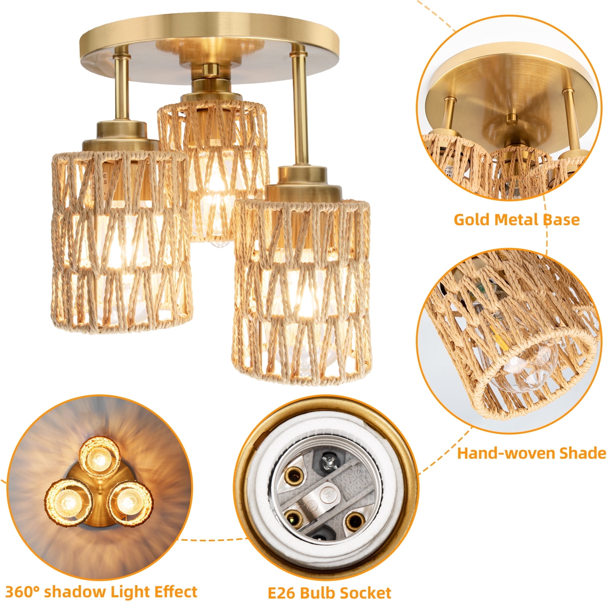 Hlite Boho Flush Mount Ceiling Light with Hand Woven Rattan Shades,3-Light Rustic Ceiling Light for Hallway Kitchen Living Room,Bulb Not Included,1 Set