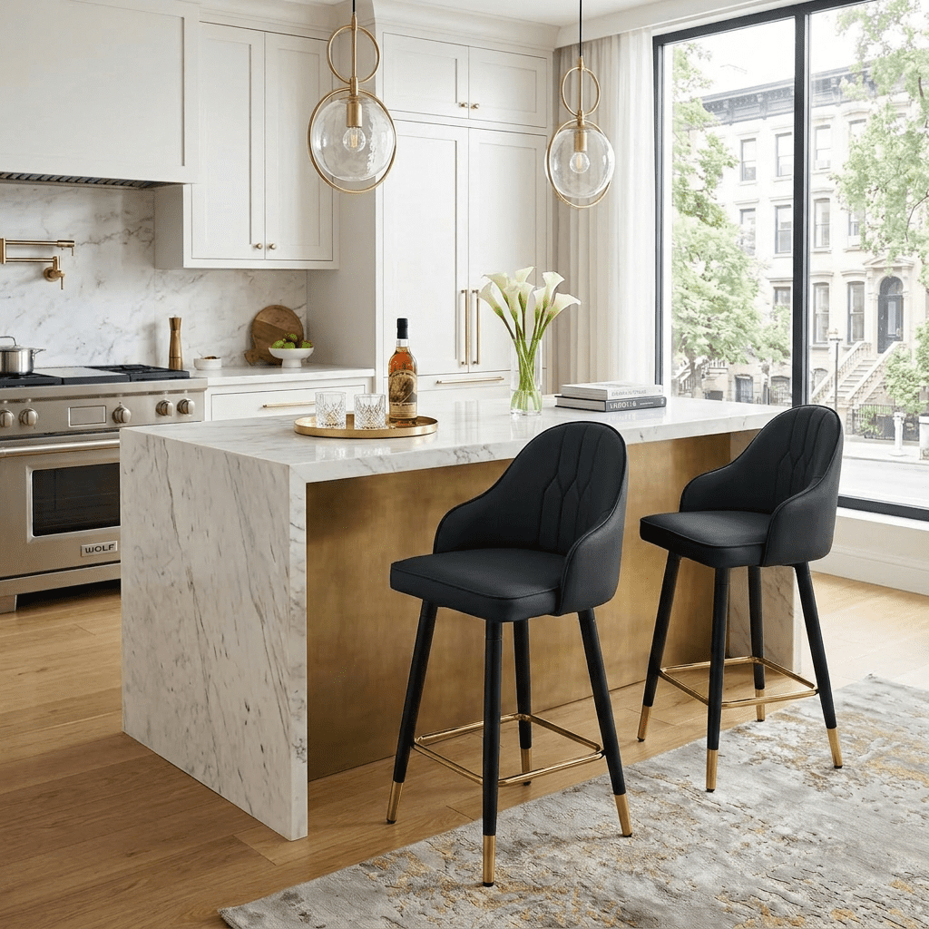 StnTalk Bar Stools Set of 2, Counter Height Barstools with Backs, Black PU Leather Kitchen Stools with Gold Footrest & Stable Metal Legs, Modern Upholstered Chairs for Kitchen Island