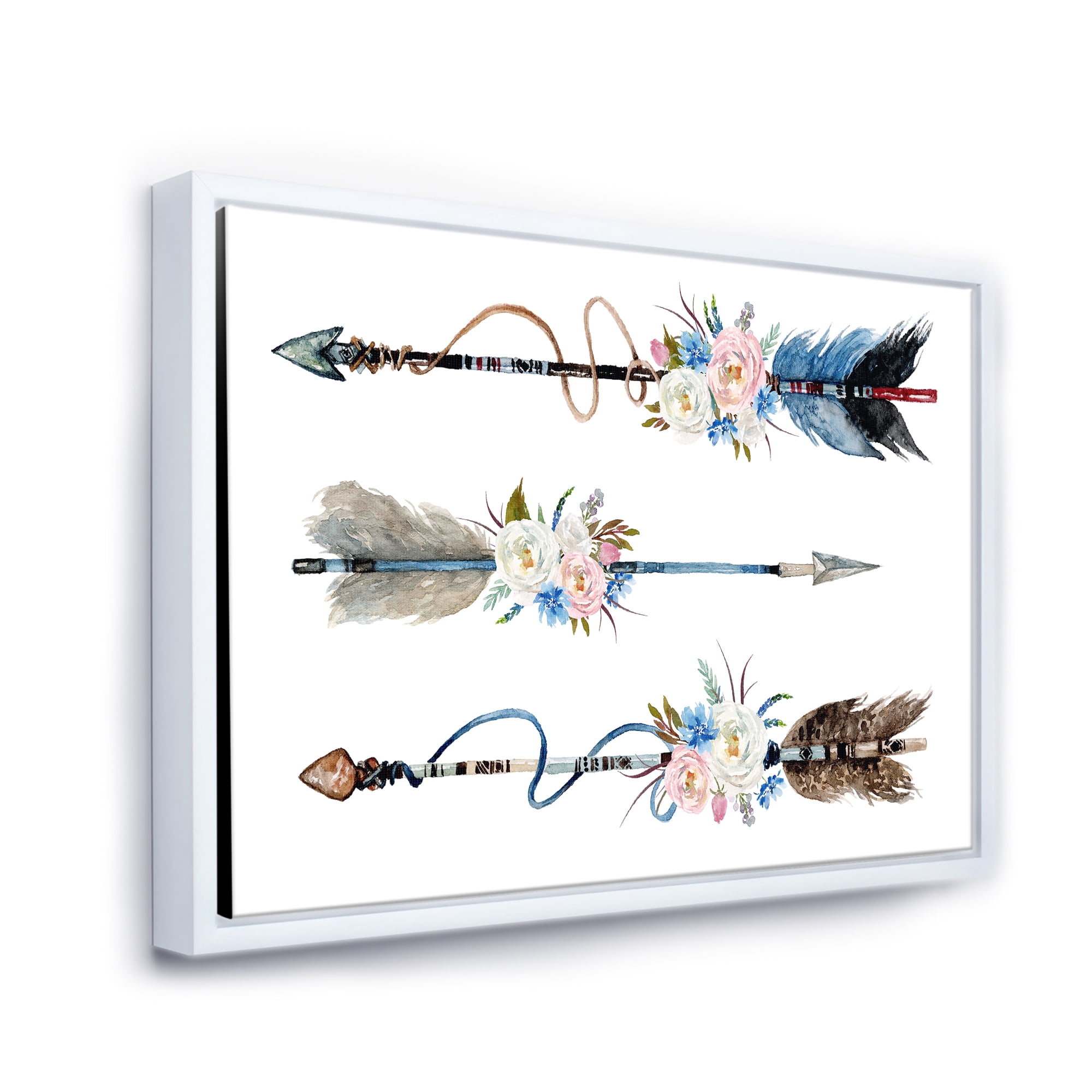 Designart 'Flowers and Ethnic Feathers On Native Arrows I' Bohemian & Eclectic Framed Canvas Wall Art Print