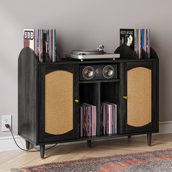 BELLEZE Mid-Century Record Player Stand, Vinyl Record Storage Cabinet Holds up to 350  Albums, Rattern Decorated Turntable Stand with Power Outlet for Living Room, Bedroom and Office - Brown