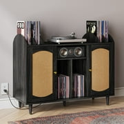 BELLEZE Mid-Century Record Player Stand, Vinyl Record Storage Cabinet Holds up to 350+ Albums, Rattern Decorated Turntable Stand with Power Outlet for Living Room, Bedroom and Office - Brown