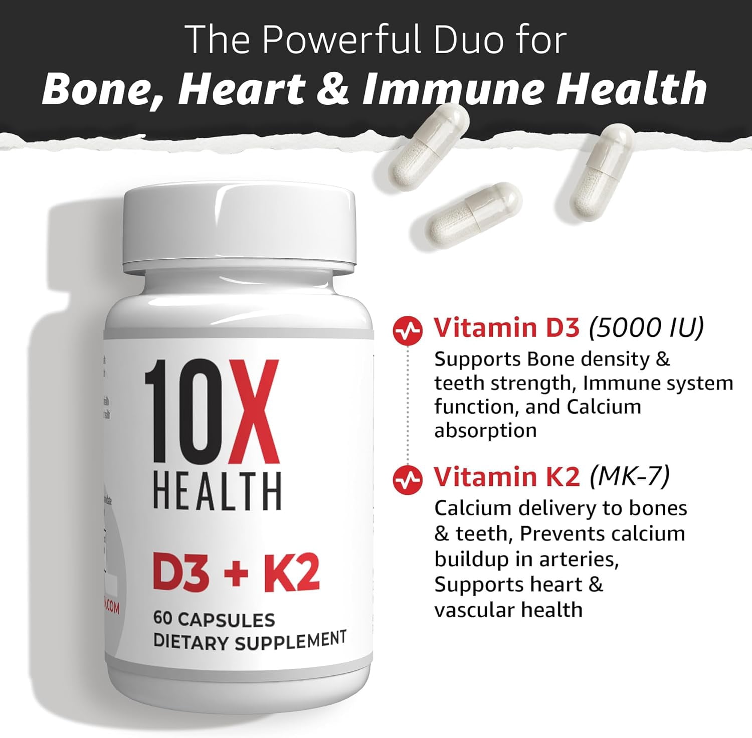 10X Health Vitamin D3 K2 - Vitamin D3 5000 IU, Vitamin K2 90 mcg, 60 Capsules