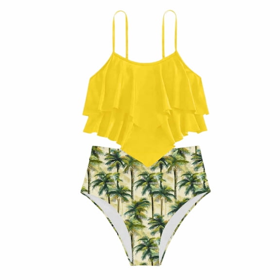 Curuila Teen Kids Girls Two Piece Swimsuit Floral Print Crew Neck Straps Bikini Set With Ruffled Breathable Soft Swimwear For Swim Beach Light Yellow2 Size 13-14 Years