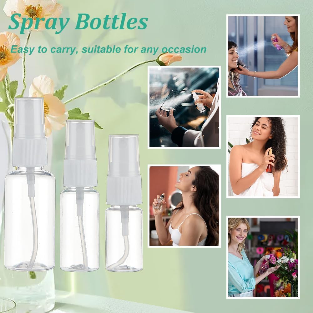 120pcs White Plastic Travel Spray Bottles with 6pcs Plastic Funnels 0.3oz/10ml 0.7oz/20ml 1oz/30ml Mini Clear Spray Bottles Refillable Liquid Travel Containers for Lotion Carry for DIY