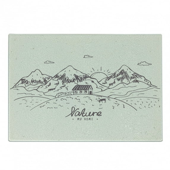 Mountain Cutting Board, Doodle Mountains with a House and Deer Nature My Home Theme Sunrise Scenery, Decorative Tempered Glass Cutting and Serving Board, in 3 Sizes, by Ambesonne