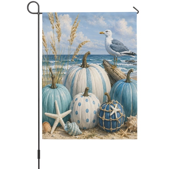 Coastal Fall Garden Flags For Outdoor, Summer Coastal Blue Pumpkin Seagull Starfish Seashell Small Double Side Yard Flags Weather Proof Garden Decor for Lawn Outside Holiday 12 x 18 Inches