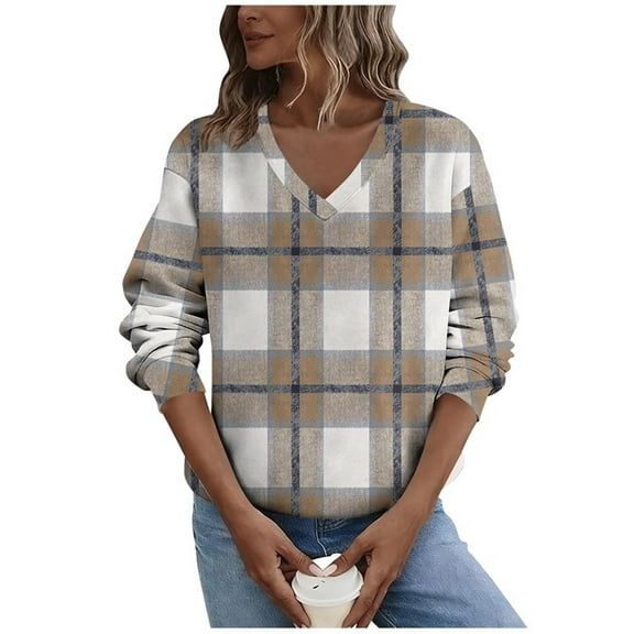 ZUKMRJPC Women's Vintage Plaid Sweatshirts Long Sleeve V Neck Fleece Pullover Sweatshirt Casual Lightweight Loose Fit Fall Warm Tops