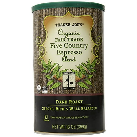 TRADER JOES Organic Fair Trade Five Country Espresso Blend 100% Arabica Roasted Whole Bean Coffee, 13