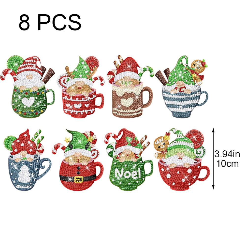 8Pcs Diamond Painting Coasters Christmas Santa Claus Diamond Acrylic Coasters with Holder Diamond Art Cup Coasters for Christmas Party