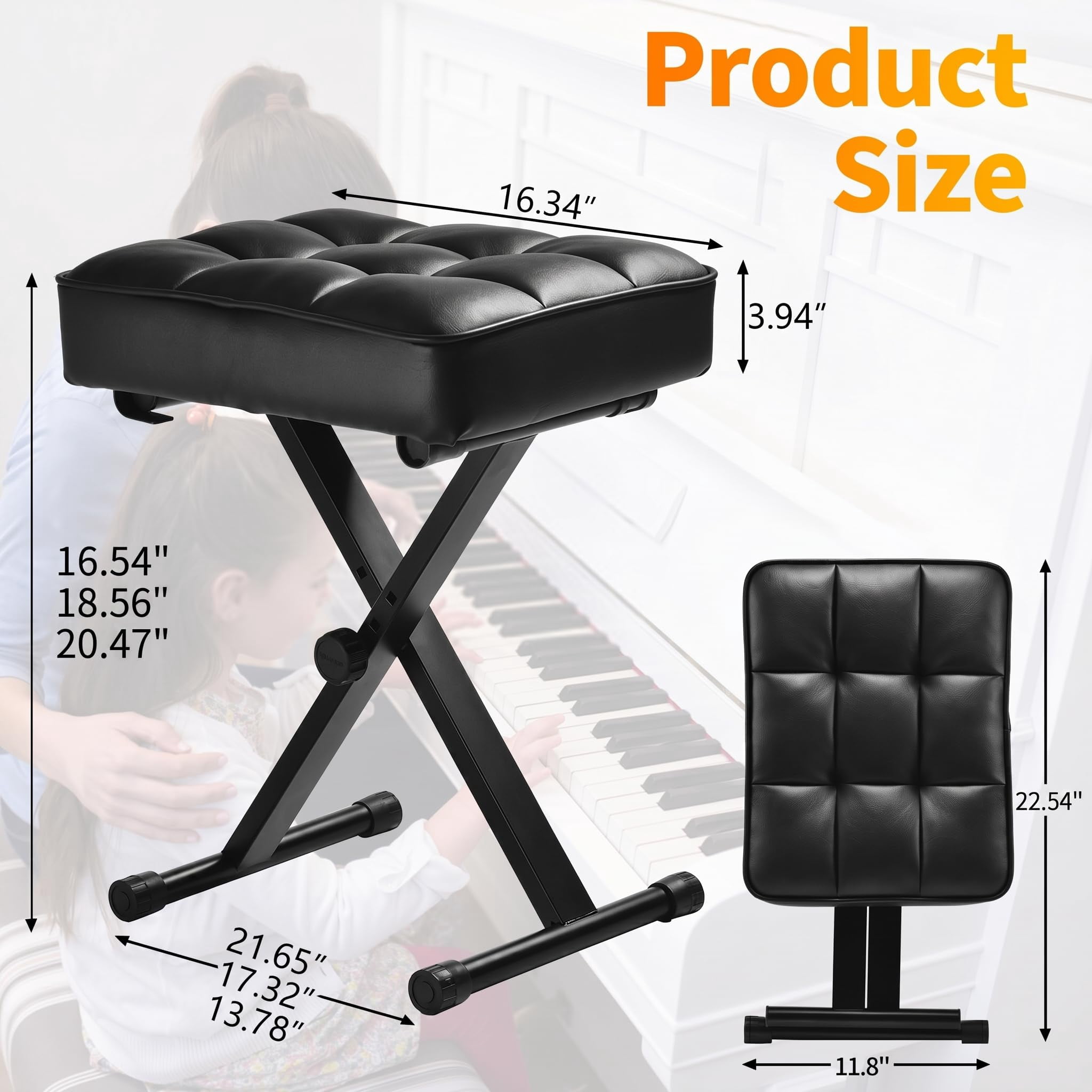 Keyboard Bench Adjustable Piano Stool - Extra Comfortable With High Rebound Sponge Cushion No Deformation Superior Support X-style Portable Foldable Chair  3 Height Adjustment(black)