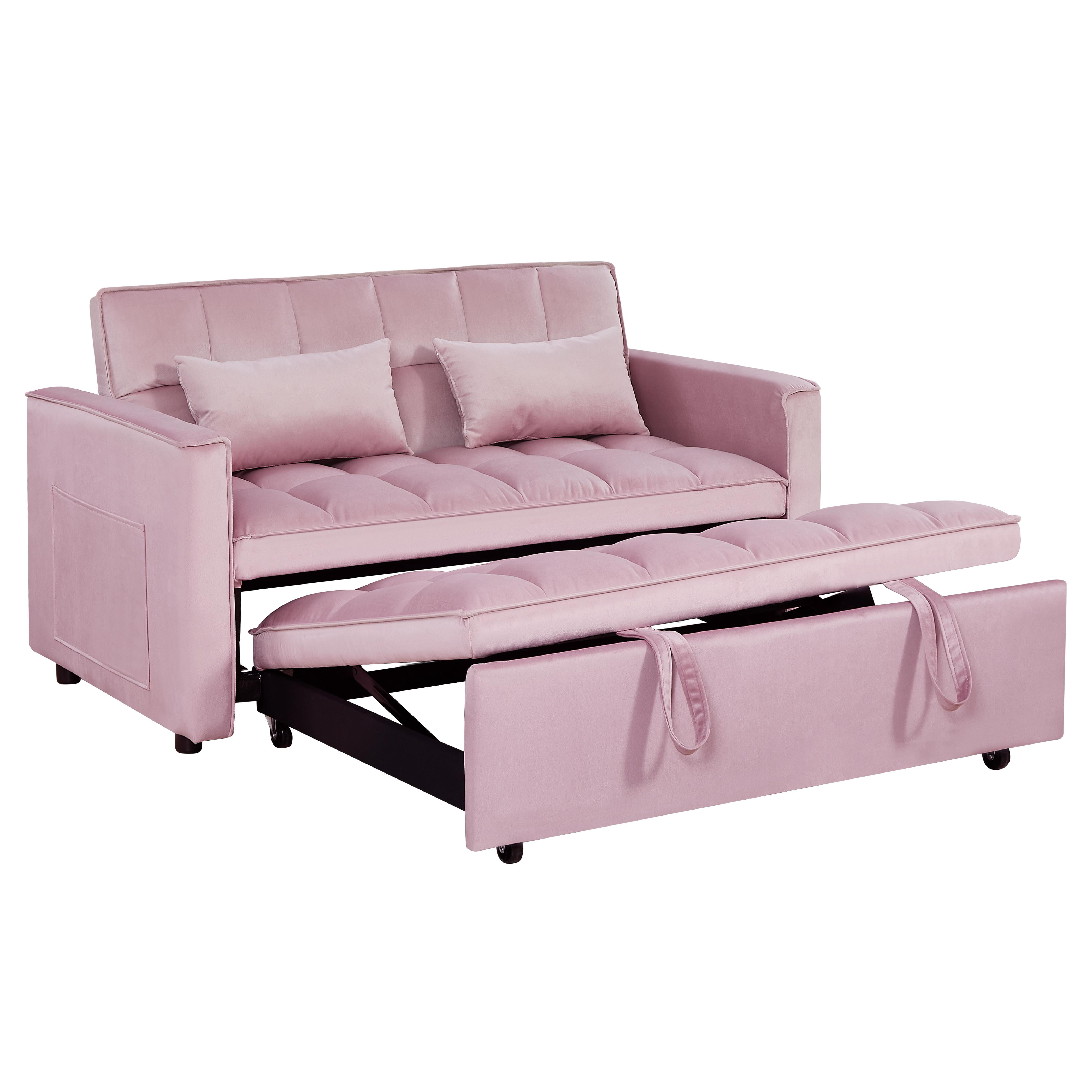 BSHTI 54" Pull-Out Sleeper Sofa Bed, Twin Size with Solid Wood Frame, 3-Position Reclining Back, Velvet Upholstery with Piping, Side Pocket Storage, 2 Pillows Included,Pink