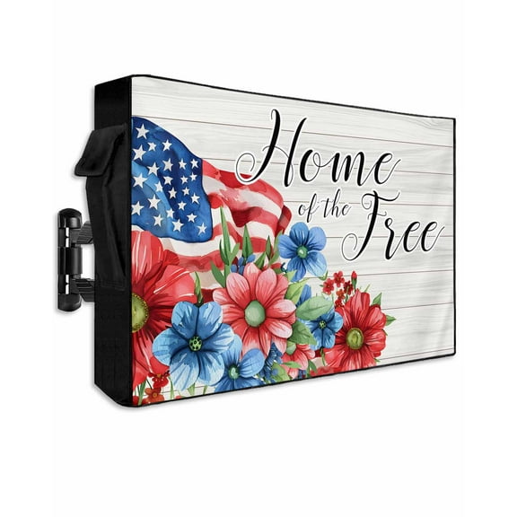 4th of July Outdoor TV Cover 60 to 65 Inch Weatherproof, Independence Day Blue Red Floral Retro 600D Oxford TV Covers with Waterproof Zipper, Outside Flat TV Screen Protector Size 58"W x 37"H x 4.5"D