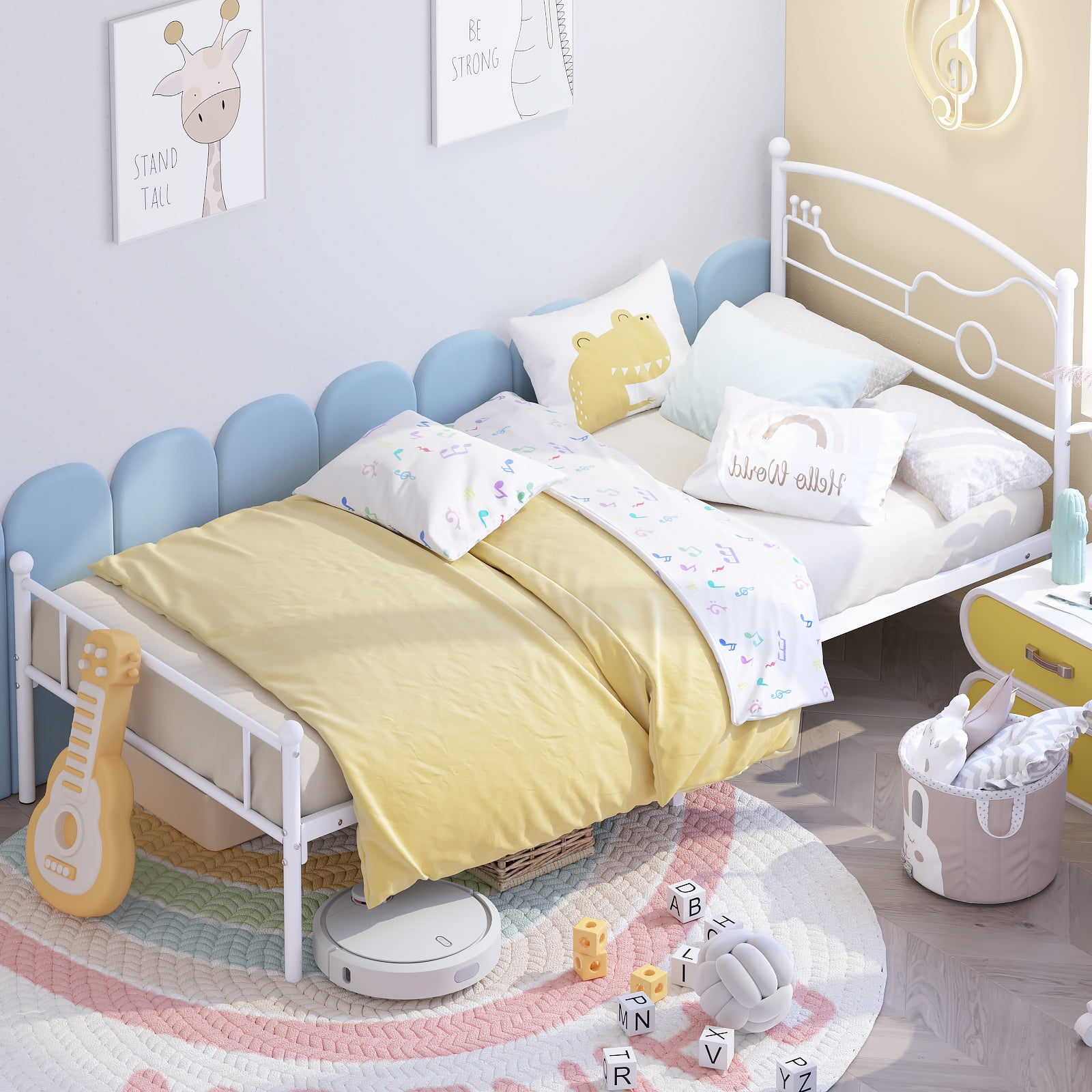 Yoneston Twin Size Platform Bed with Guitar Headboard Heavy Duty Metal Bed Frame for Boys Kids Teens Bedroom Furniture, White