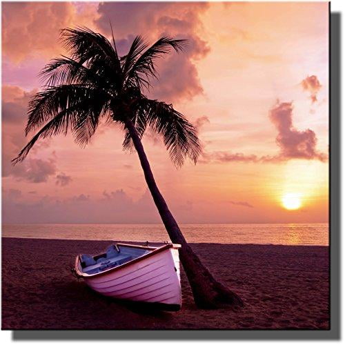 Palm Tree, Boat, Sunset, and Beach Picture on Stretched Canvas, Wall Art Decor Ready to Hang!