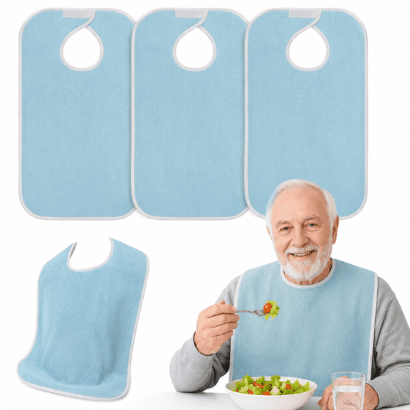 3 Pack Premium Unisex Adult Bibs for Elderly Women Men, Waterproof Bib for Eating, Adjustable and Washable (Blue)