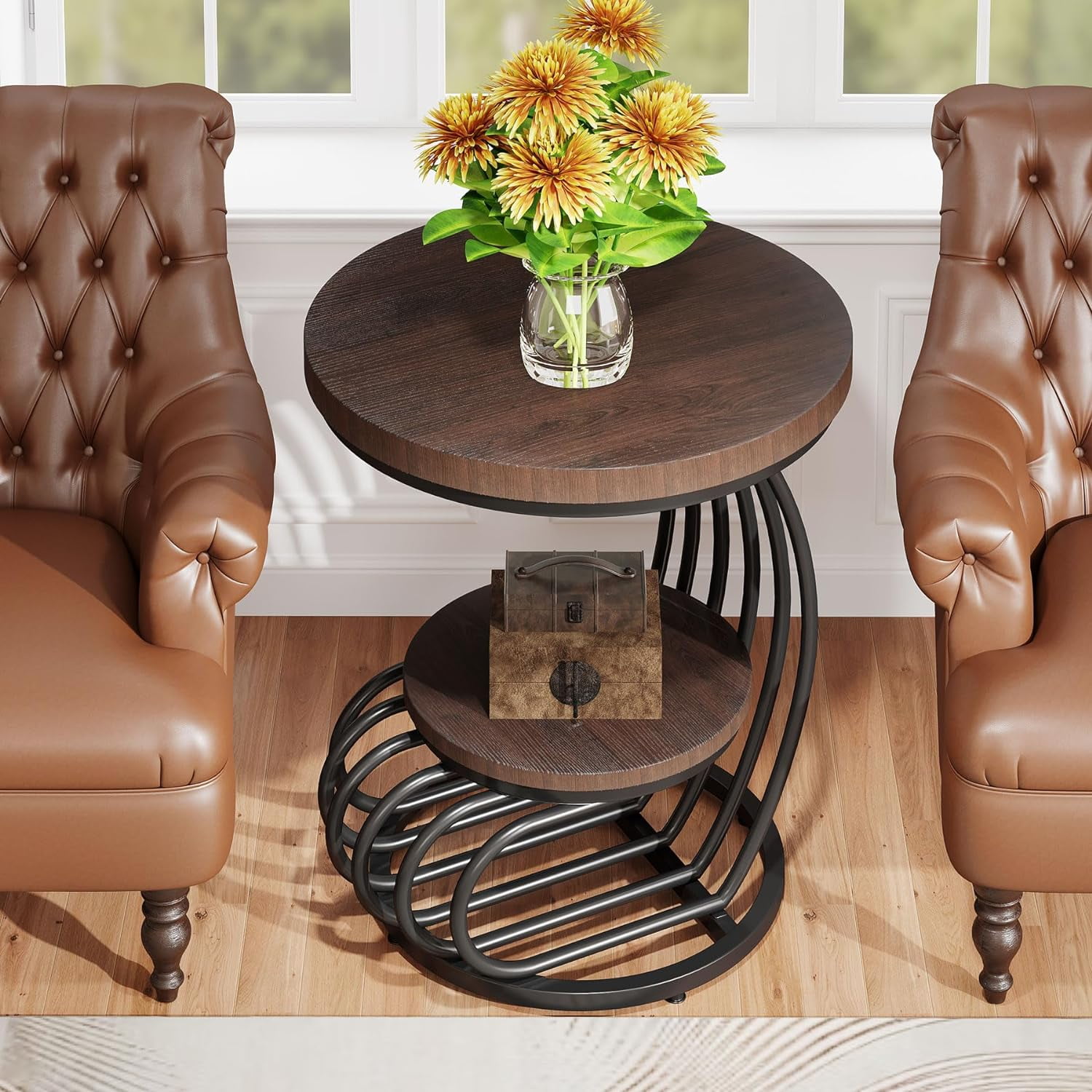 Tribesigns Round End Side Table, Side Table with 2 Tiers Storage Shelves, Vintage End Table for Living Room