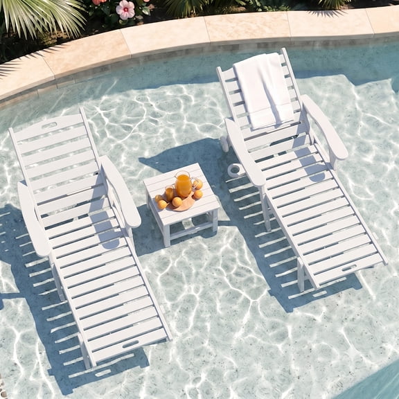 CDCASA Patio Chaise Lounge Chair with Wheels Set of 2, 6-Position Adjustable HDPE Outdoor Lounge Chair, Pool Lounge Chairs with Cup Holder, White