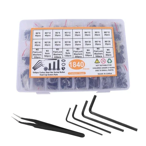 1840Pack M2-M5 Hex Socket Bolts Nuts Kit With Flat & Lock Washers & Hex Wrenches