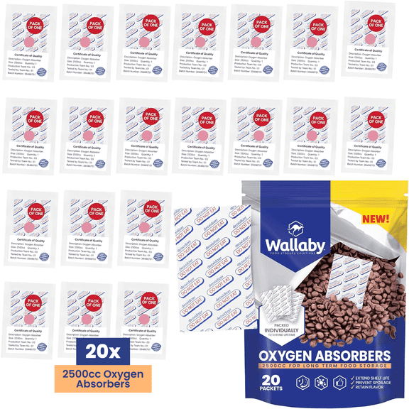 20 Wallaby 2500cc Oxygen Absorbers - Individually Vacuum Sealed - Food Safe for Long-Term Food Prepping & Storage in Mylar Bags, Canning, Harvest Right Freeze Dried & Dehydrated Foods