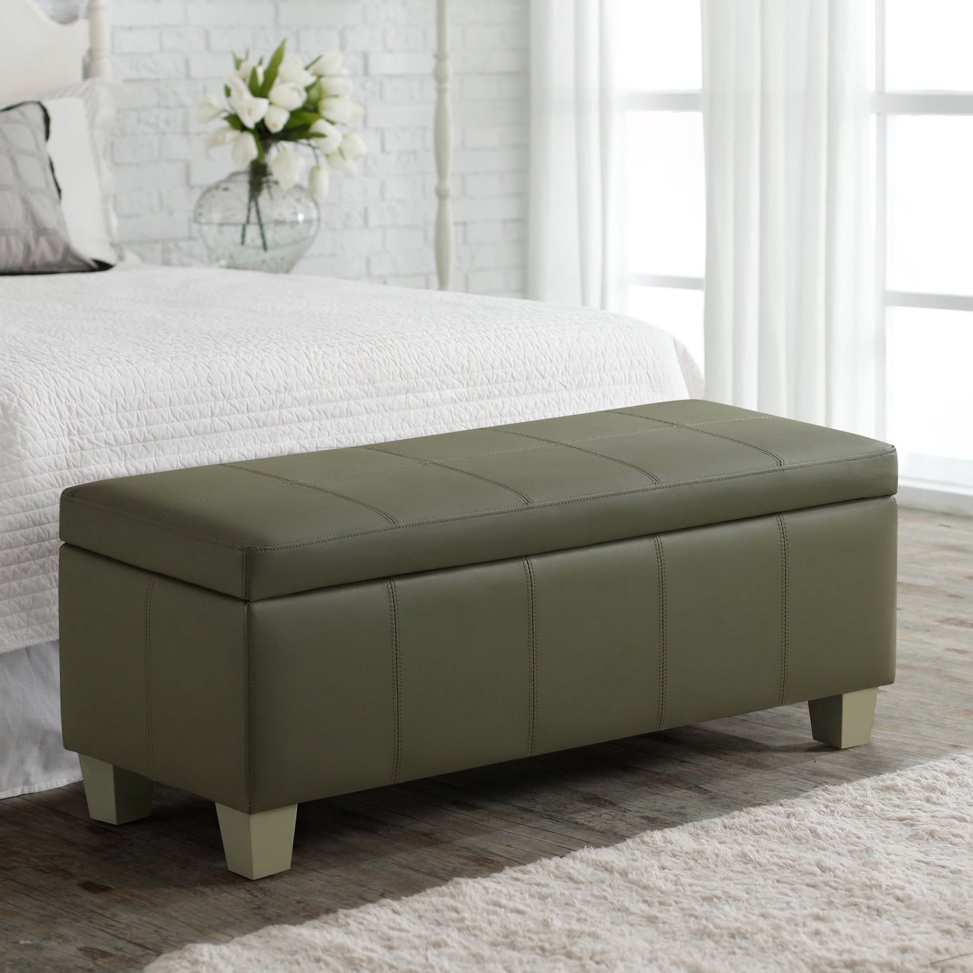 41'' Faux Leather Storage Ottoman Bench, Rectangle Upholstered Storage Bench with Wooden Legs, Stitch Tufted Bench with Storage for Bedroom, Living Room, Entryway, Green