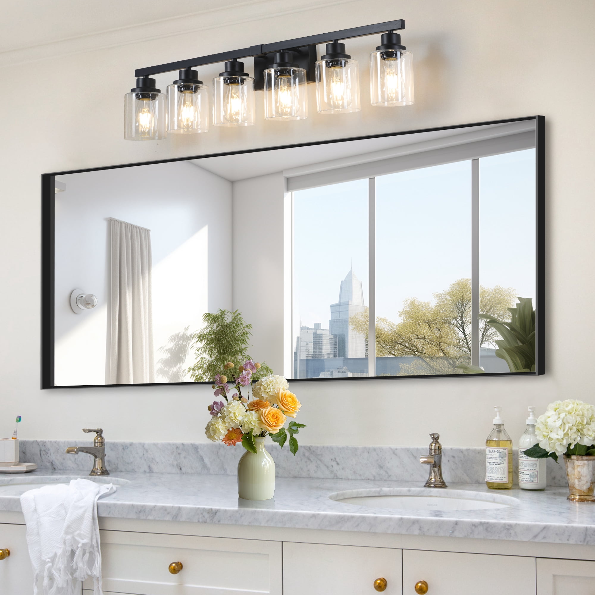 Leumius Modern Black 6-Light Bathroom Vanity Light Fixture, Industrial Wall Sconce with Clear Glass Shades for Mirror, Bathroom, Bedroom and Hallway (No Bulbs)