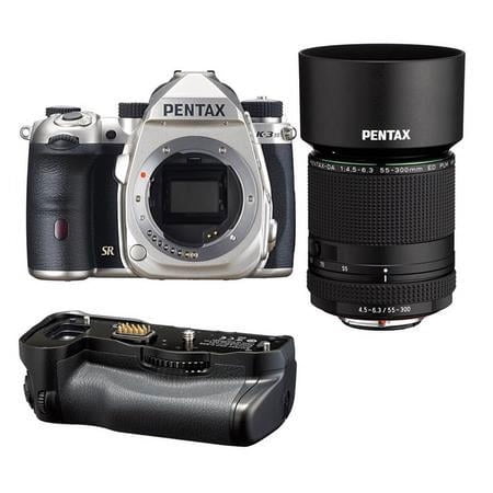 UPC: 0192223181328 | K-3 Mark III APS-C-Format DSLR Camera  Silver with Pentax HD DA 55-300mm f/4.5-6 .3 ED PLM WR RE Telephoto Zoom Lens with Pentax D-BG8 Battery Grip  Black