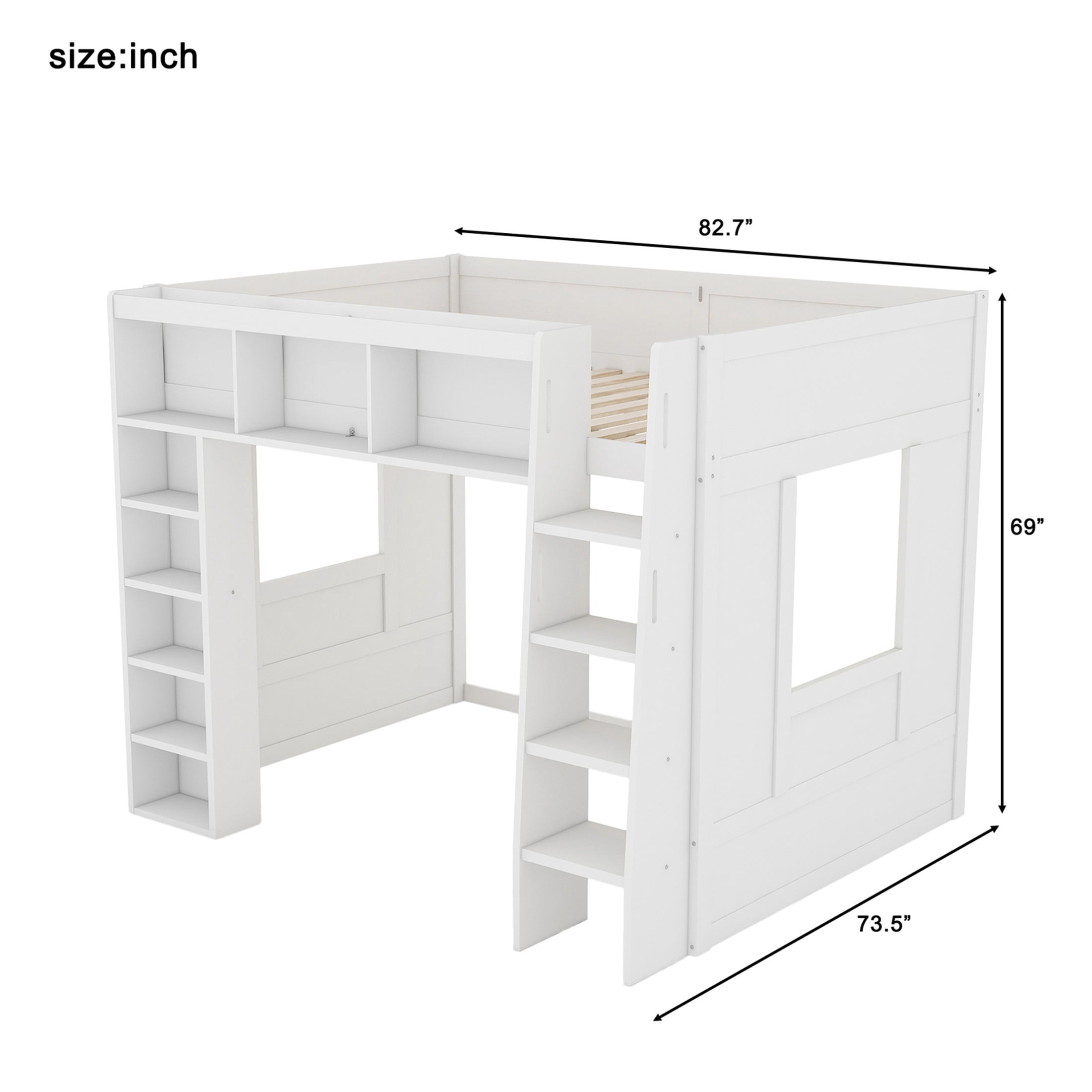 Noble House Corlan Queen Size Wooden Loft Bed with Storage Cabinets and Bookshelves, Heavy Duty, White