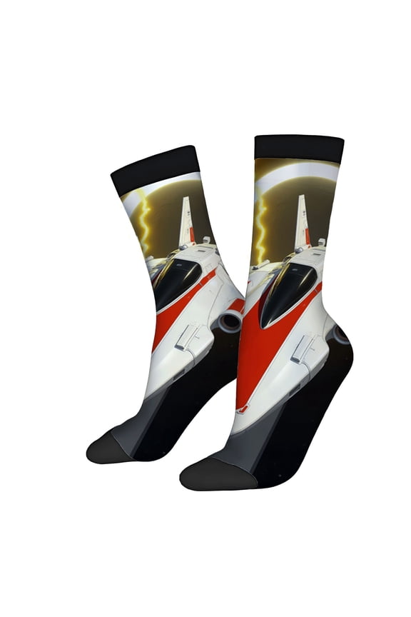 Four Seasons Universal Socks - 2 Pairs of Unisex Trendy Socks with Space-Themed Design Featuring Futuristic Spaceships and Lightning Bolts