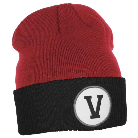 Daxton Custom A to Z Initial Letters Cuff Hat Beanie Warm Knit Skull Cap, Red Black Letter V
