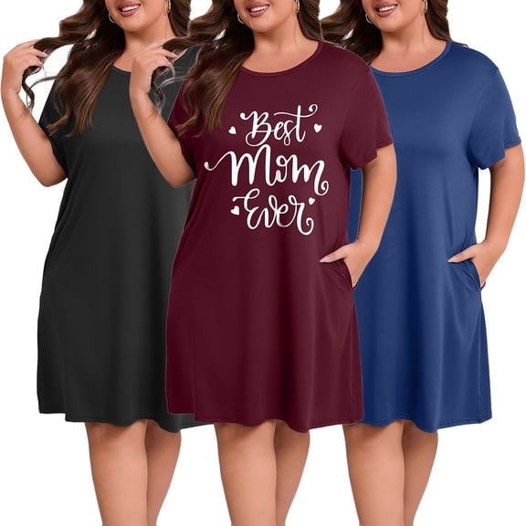 FEREMO Plus Size Womens Nightgown Short Sleeve Sleepwear With Pockets Nightshirts Crew Neck Pajama Dress 3 Pack
